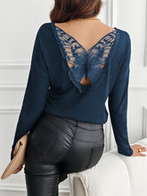 Lace Detail Butterfly Back Round Neck Long Sleeve T-Shirt Dark Navy OutfitFlow